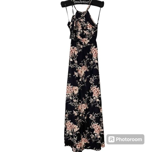 Lulus Feel The Music Dress Floral Maxi Halter Flowy Long Midnight Blue XS New - Picture 1 of 11